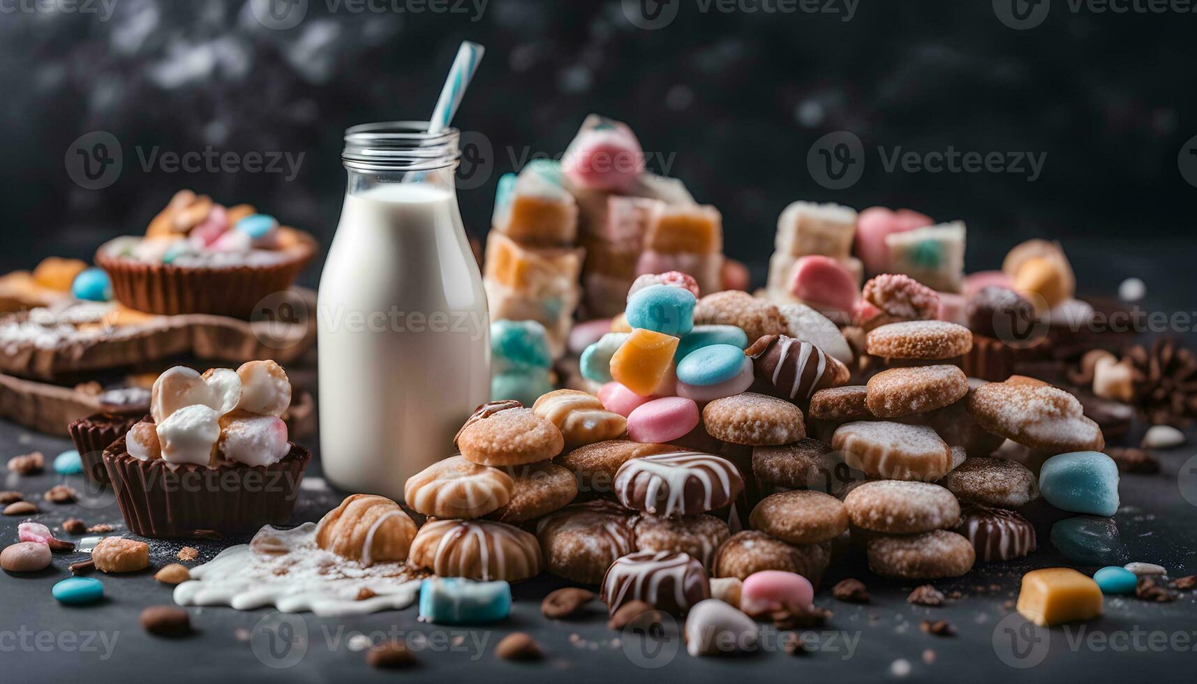 AI generated various sweets and milk on a dark background photo