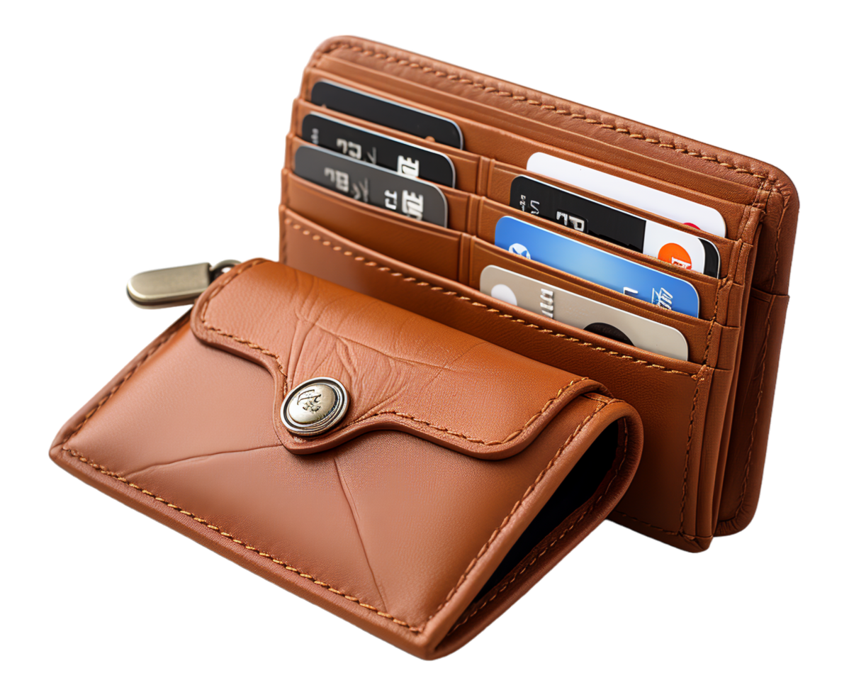 AI generated brown wallet portrait isolated on transparent background, generative ai png