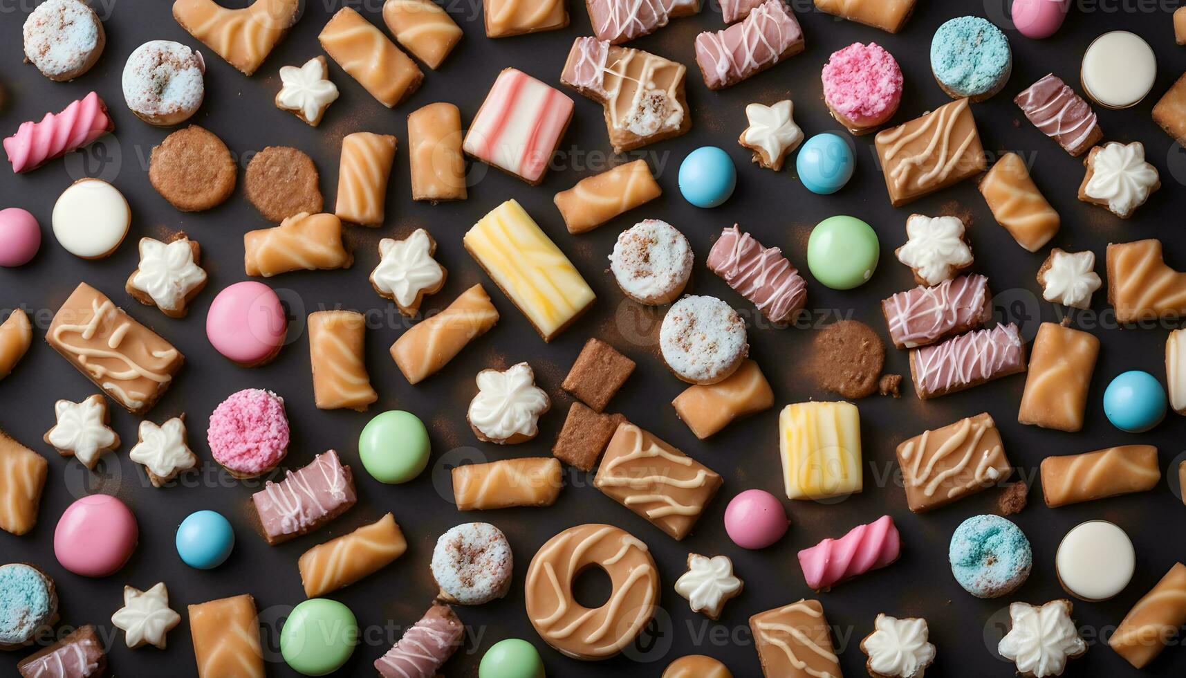 AI generated many different kinds of cookies and candies on a black background photo