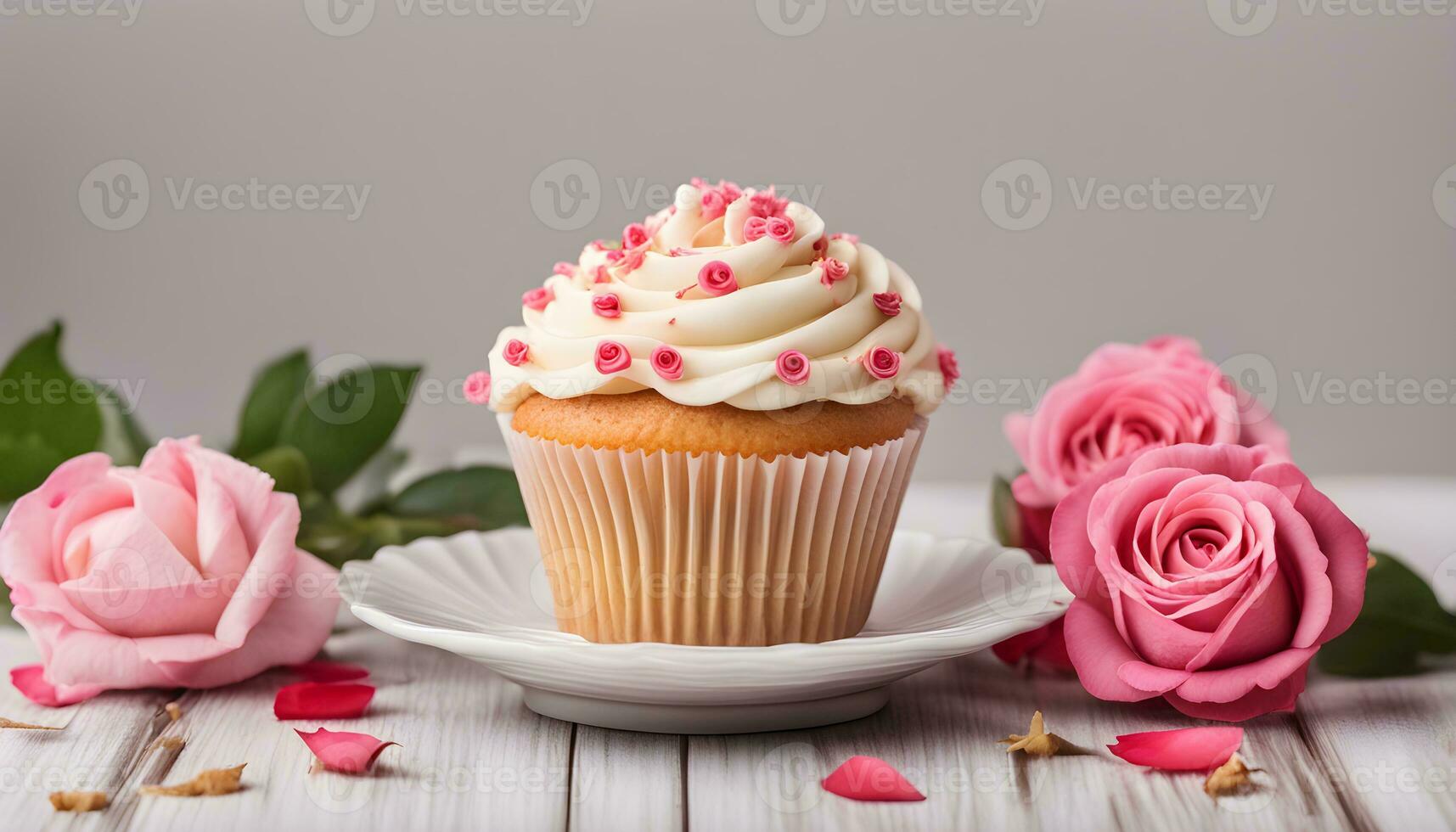 AI generated cupcake with pink frosting on white table with roses photo
