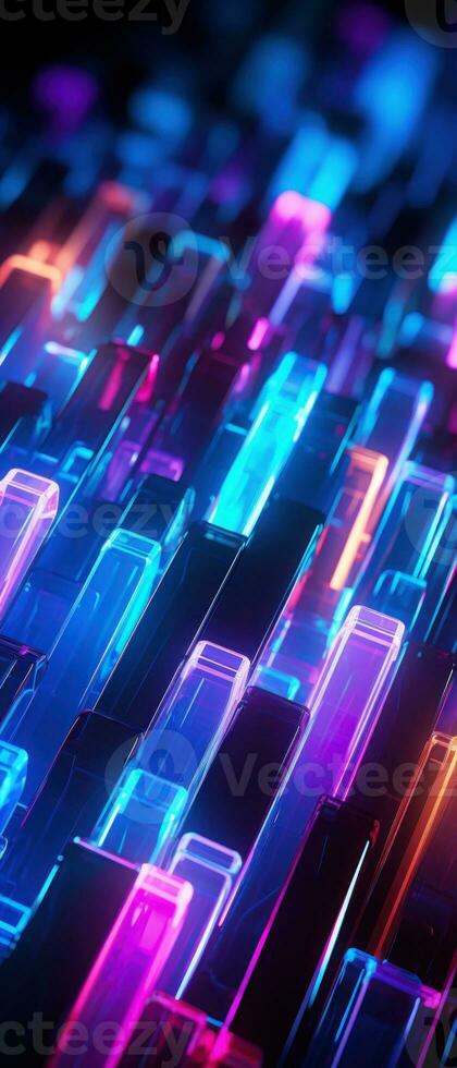 AI generated The bright neon patterns and 3D perspective convey the concept of a virtual world within a concrete jungle. photo