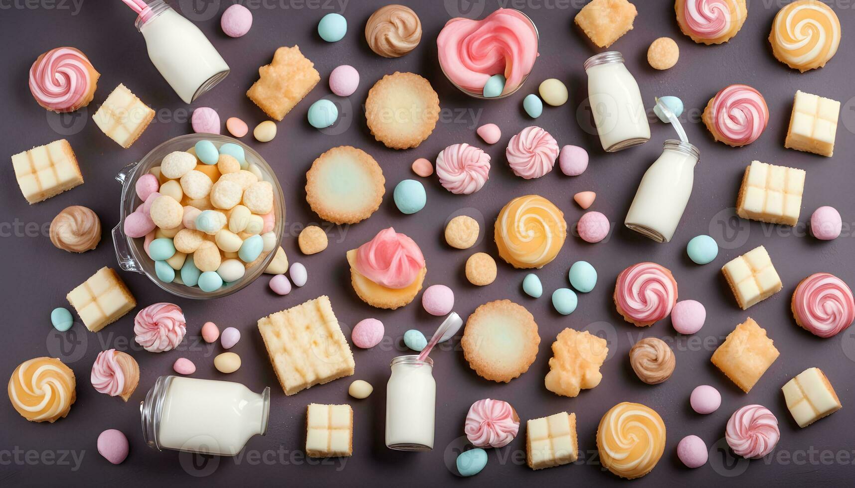 AI generated various cookies and sweets on a dark background photo