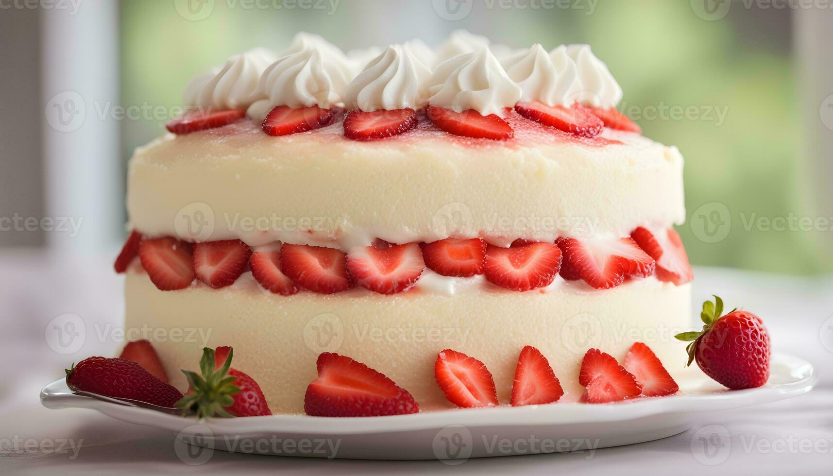 ai generado un blanco pastel con fresas en parte superior foto