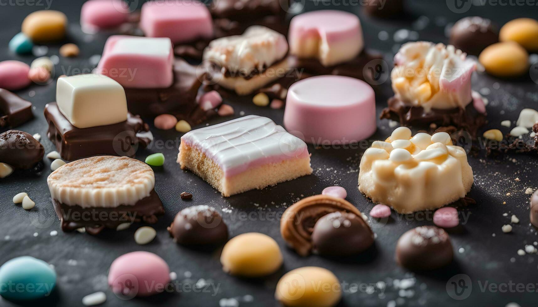 AI generated assortment of chocolates on a black background photo