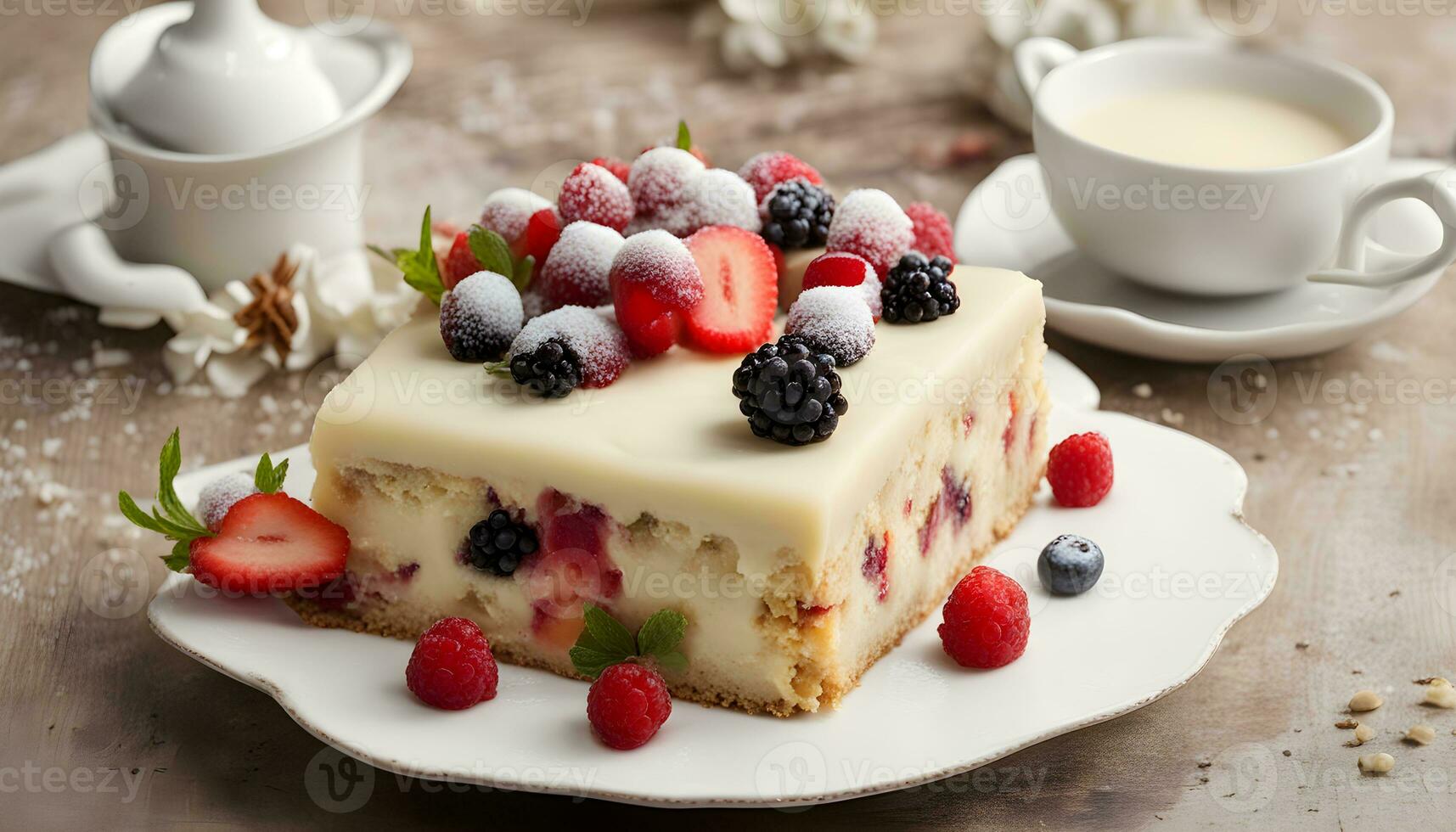 AI generated a piece of cake with berries and cream on a white plate photo