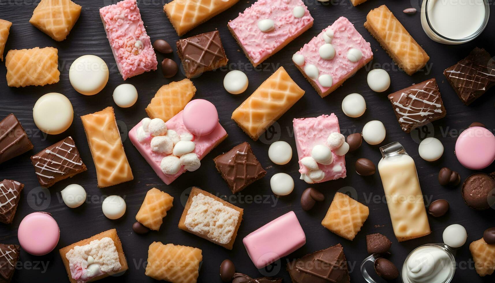 AI generated assorted cookies and sweets on a black background photo