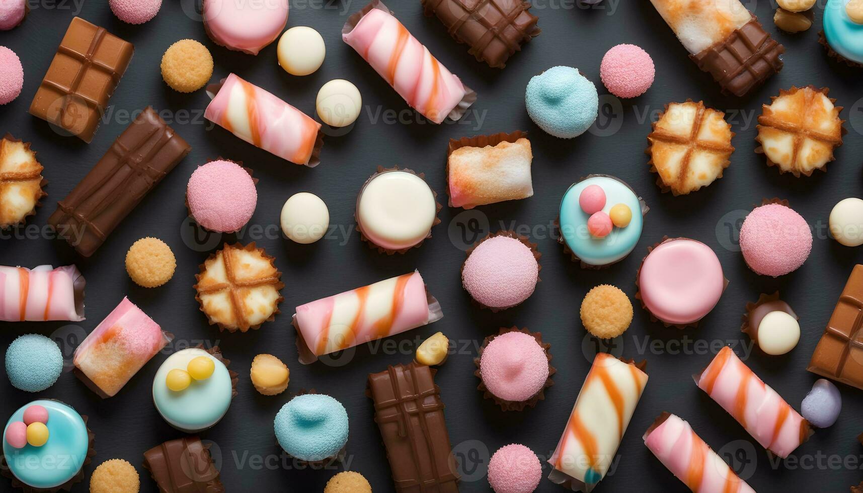 AI generated a large assortment of colorful candy on a black background photo