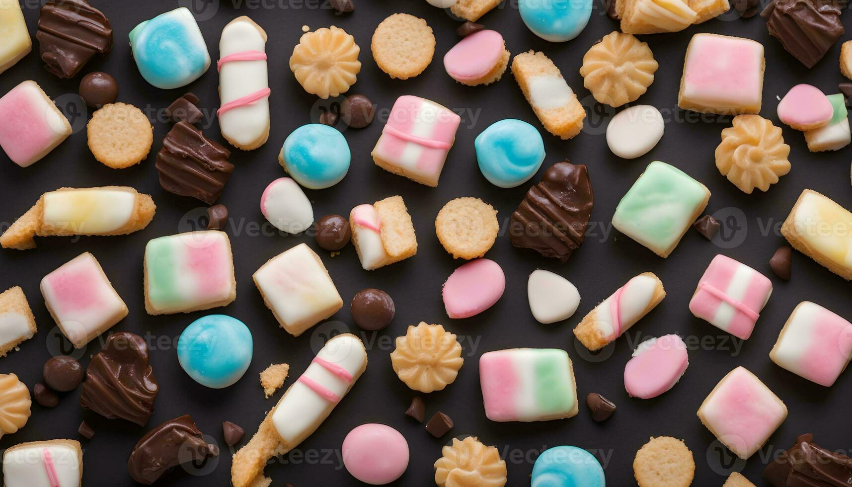 AI generated many different kinds of cookies and candies on a black background photo