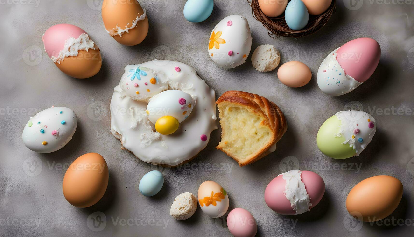 AI generated easter eggs and donuts on a table photo