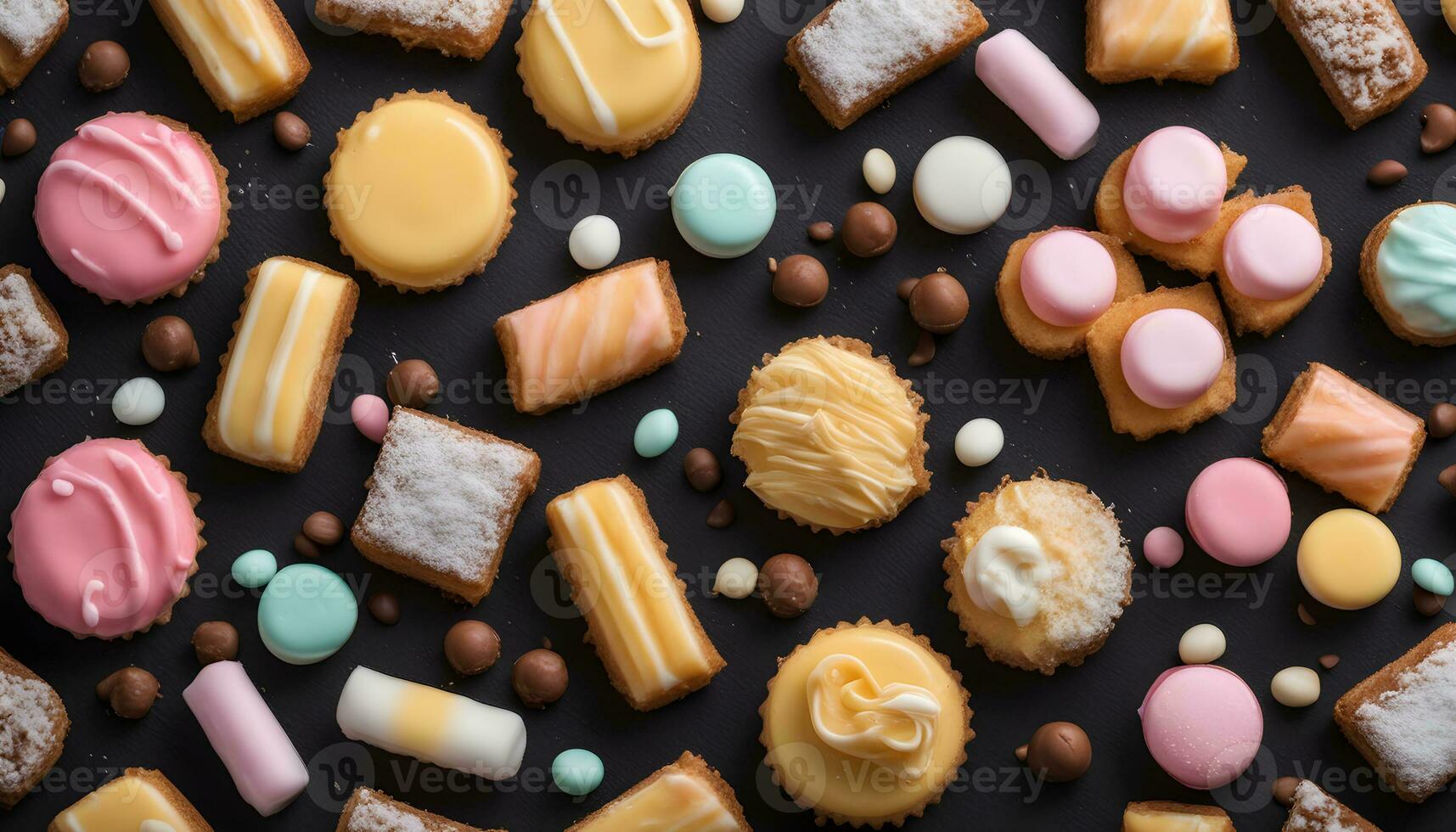 AI generated many different types of cookies and pastries on a black background photo