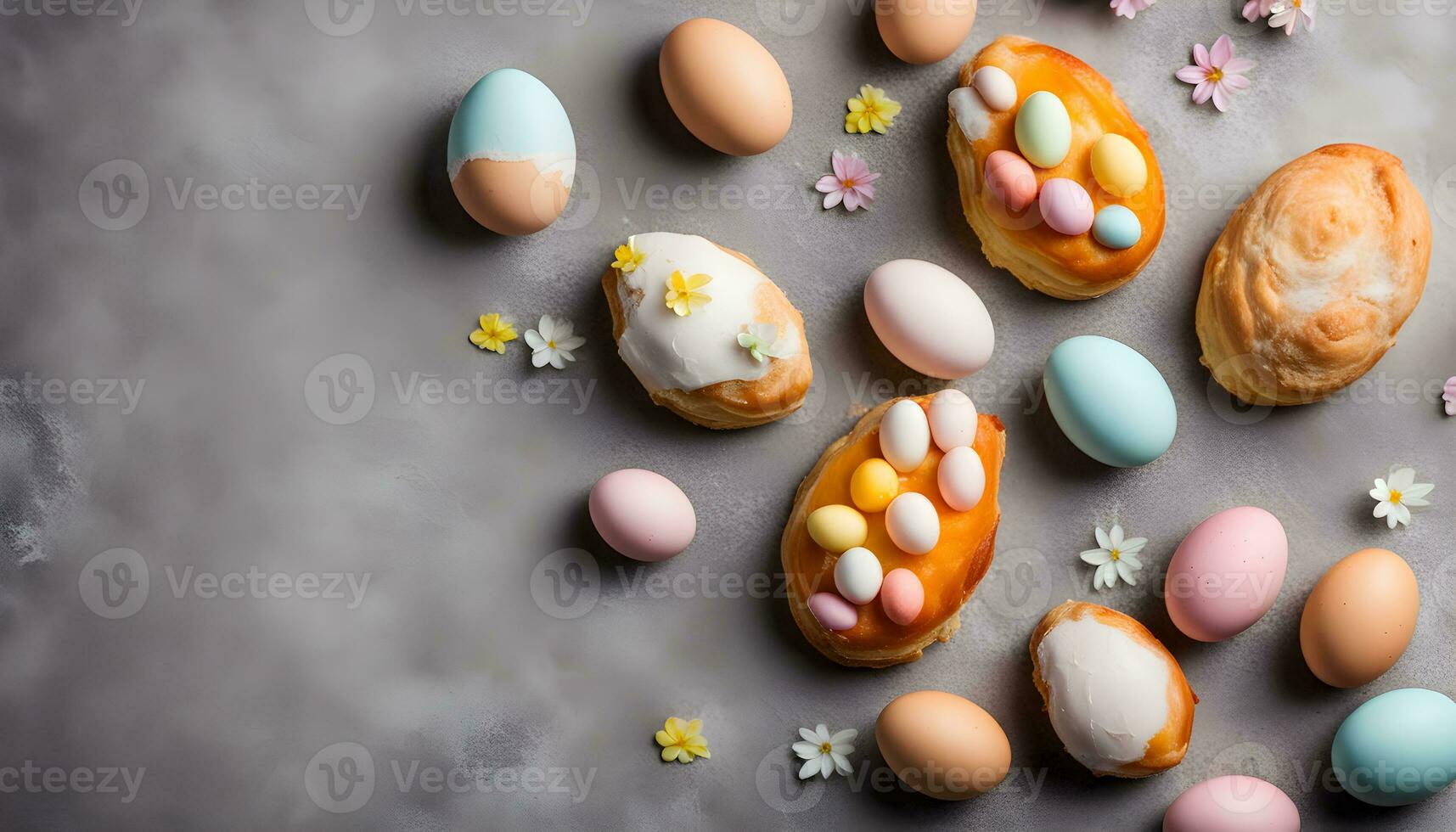 ai generado Pascua de Resurrección huevos y pasteles en un gris antecedentes foto