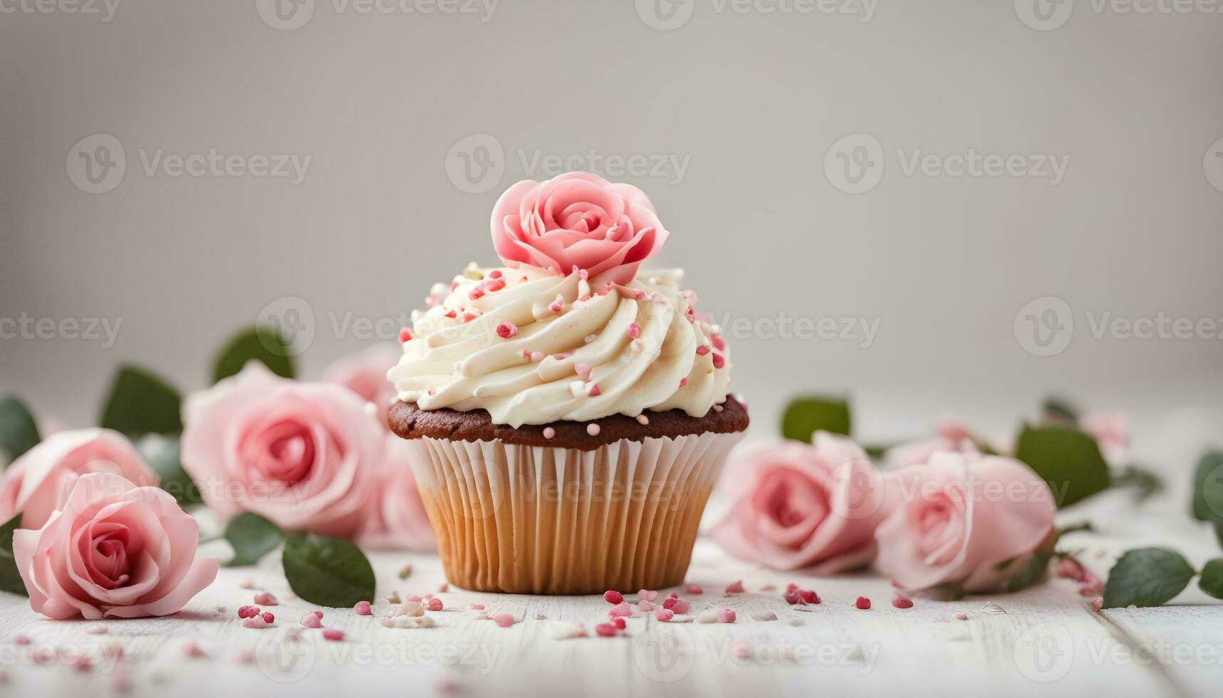 AI generated cupcake with pink roses on white background photo