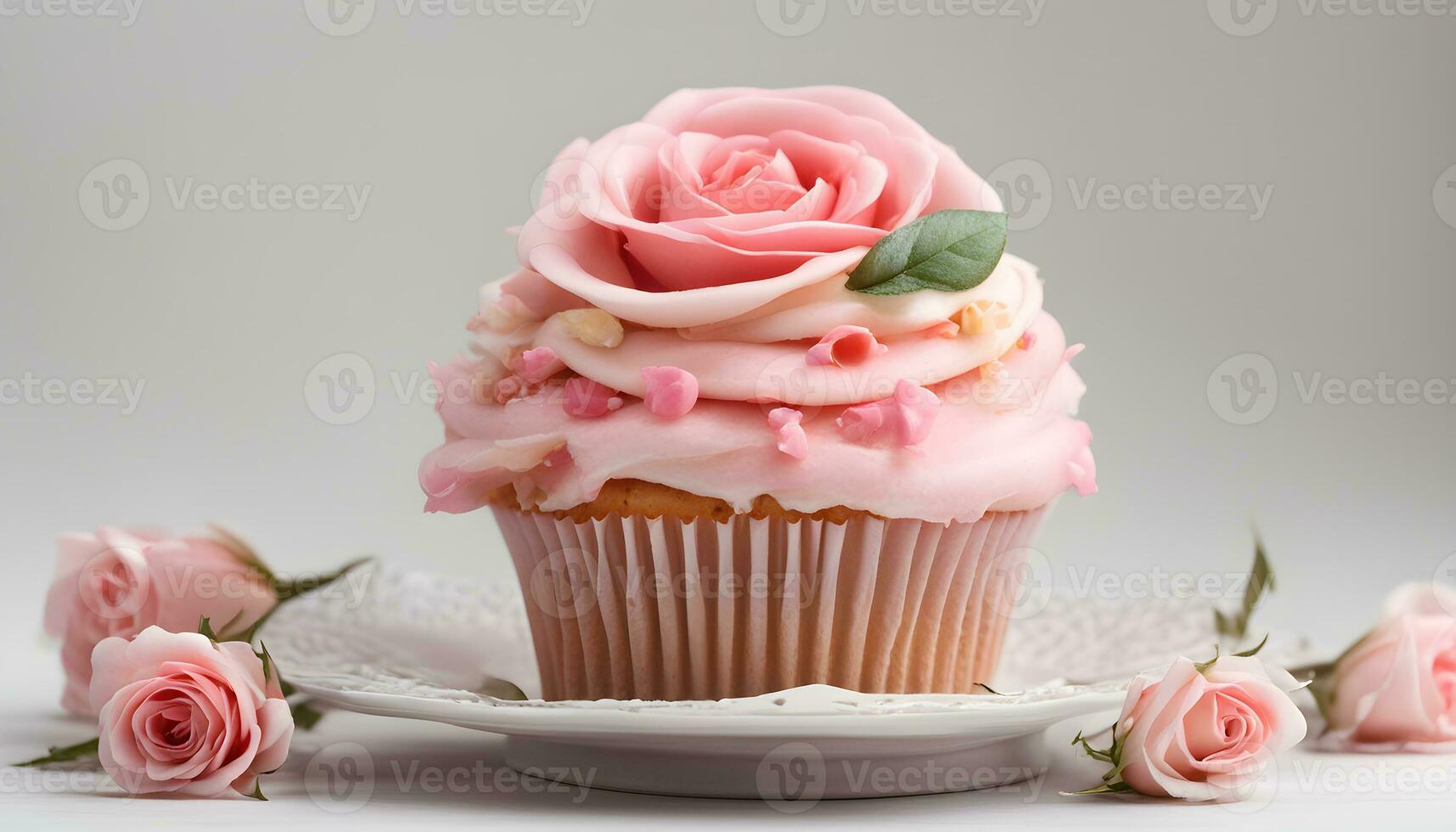 AI generated a cupcake with pink frosting on top and pink roses photo