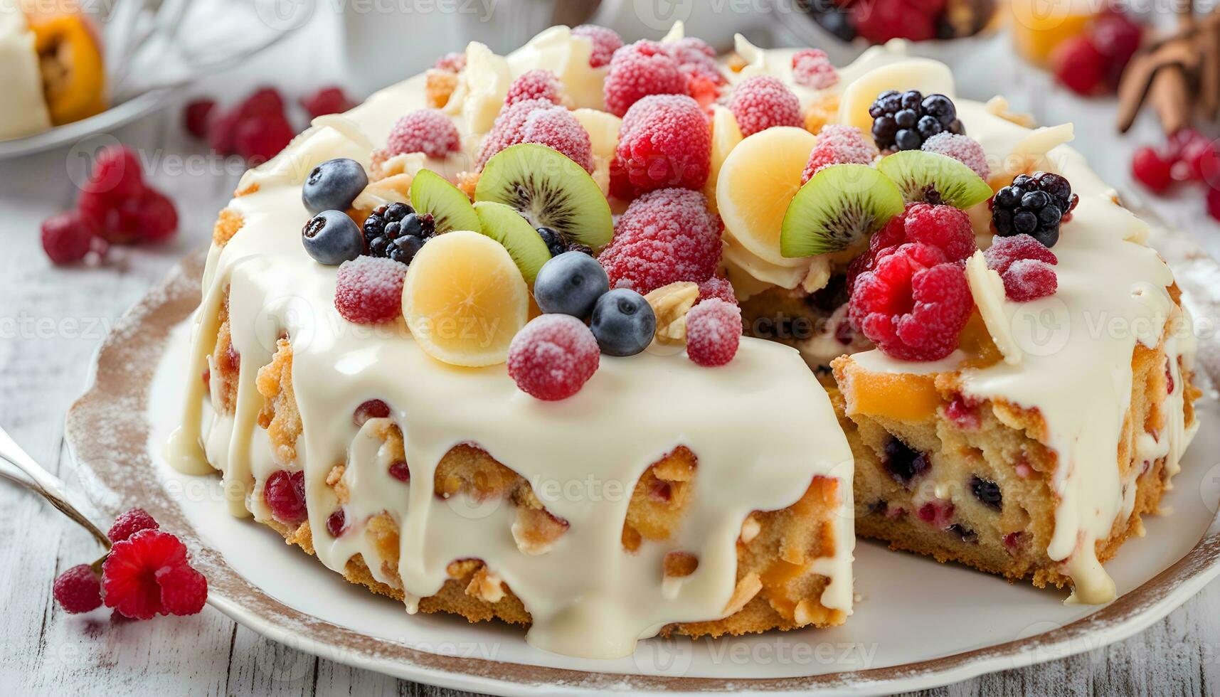 AI generated a cake with fruit on top and a knife photo