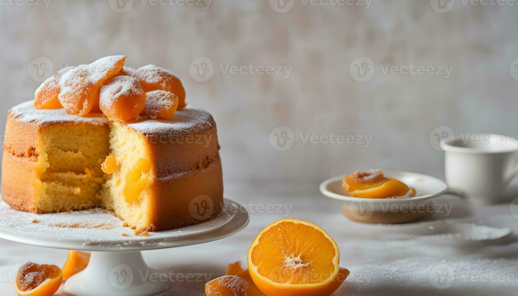 AI generated orange cake with orange slices on a white background photo