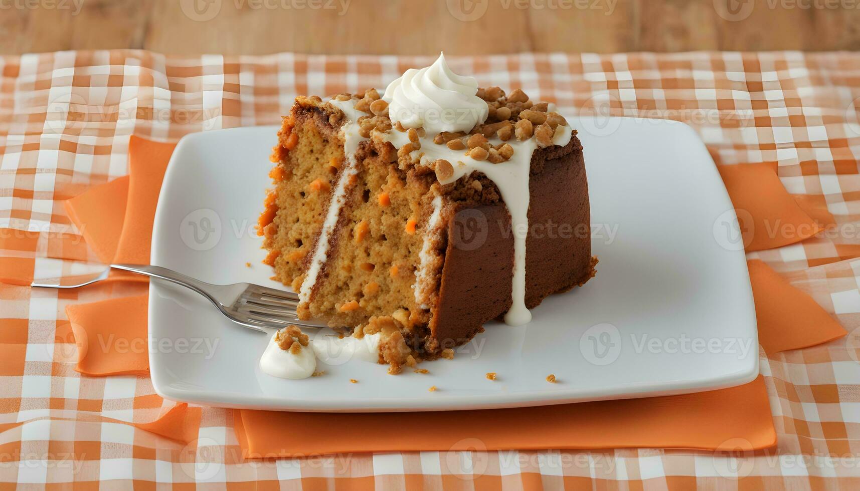 AI generated a slice of carrot cake on a plate with a fork photo