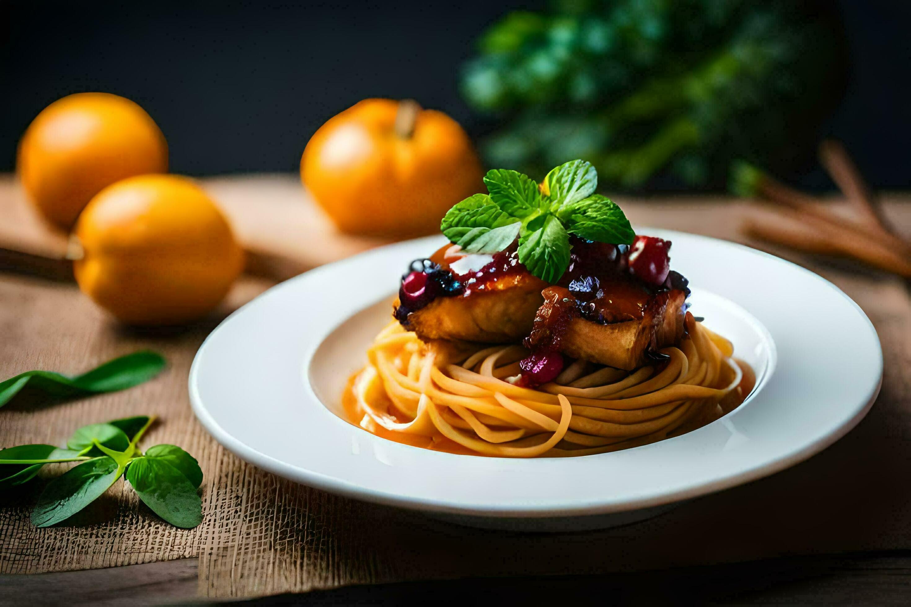 chicken with cranberry sauce and spaghetti on a plate. AI-Generated ...