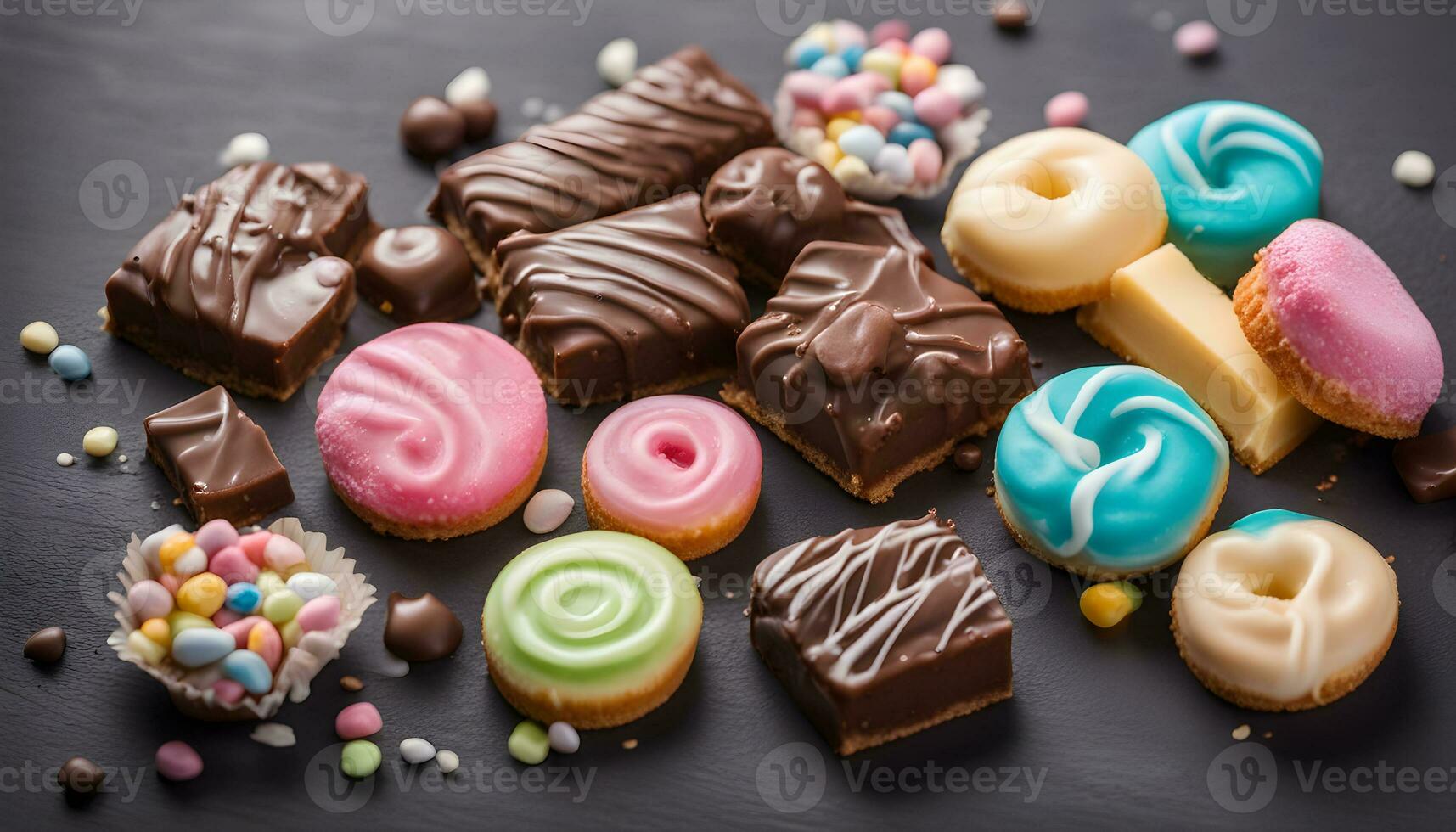 AI generated assorted chocolate and candy on a dark background photo