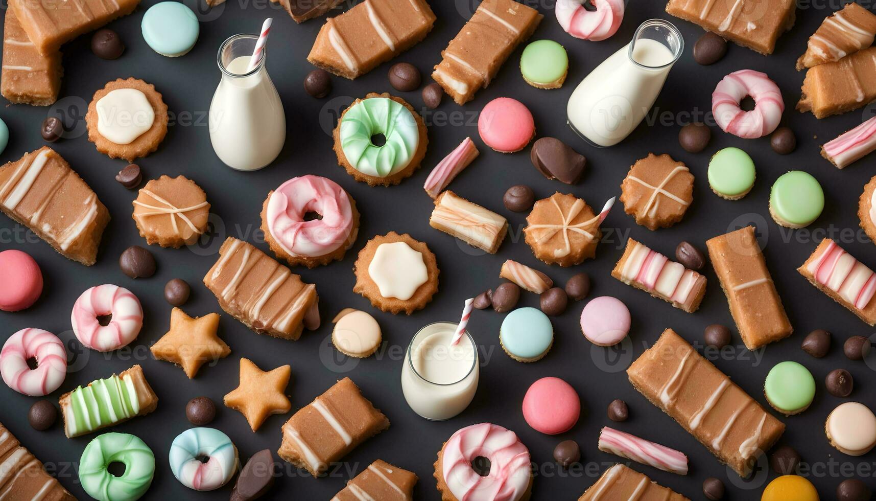 AI generated many different types of cookies and sweets on a black background photo