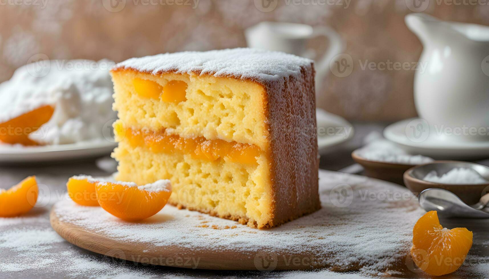 AI generated a piece of cake with orange slices on a wooden board photo