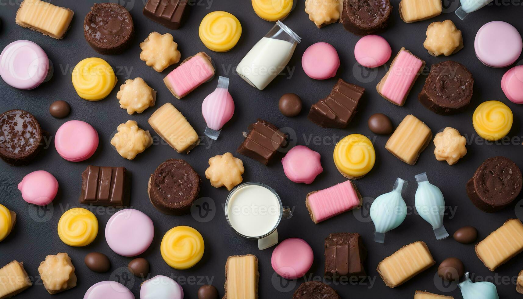 AI generated many different types of cookies and candies on a black background photo