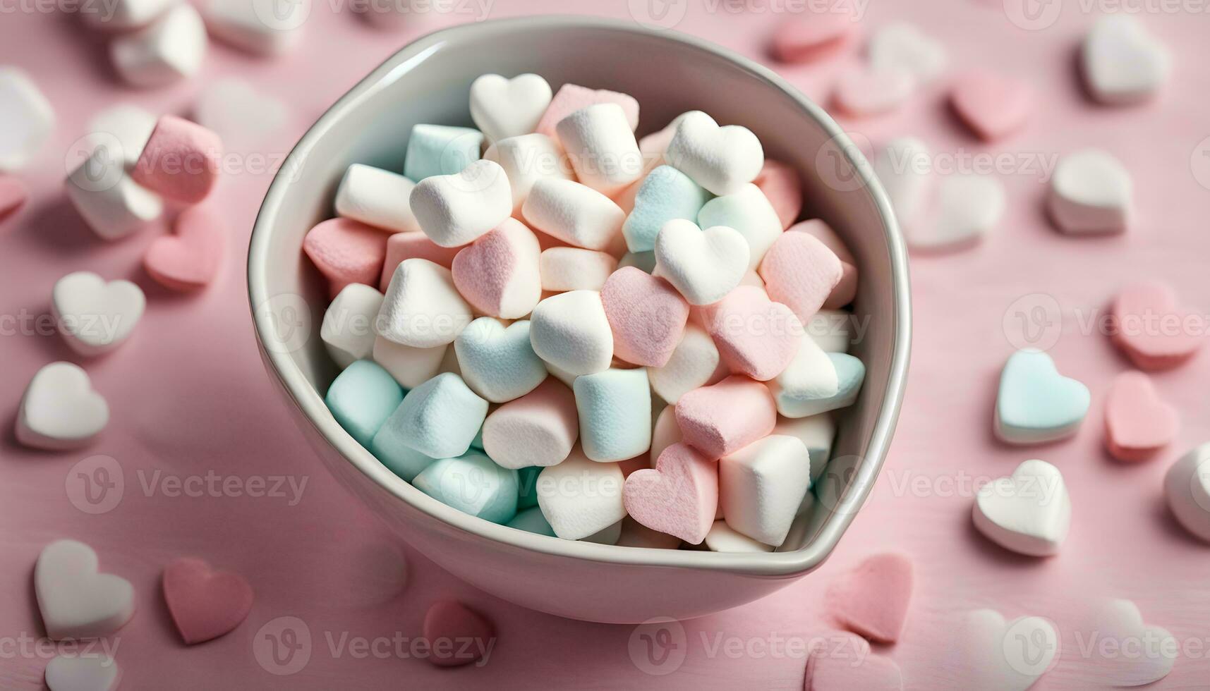 AI generated a bowl filled with marshmallows on a pink background photo