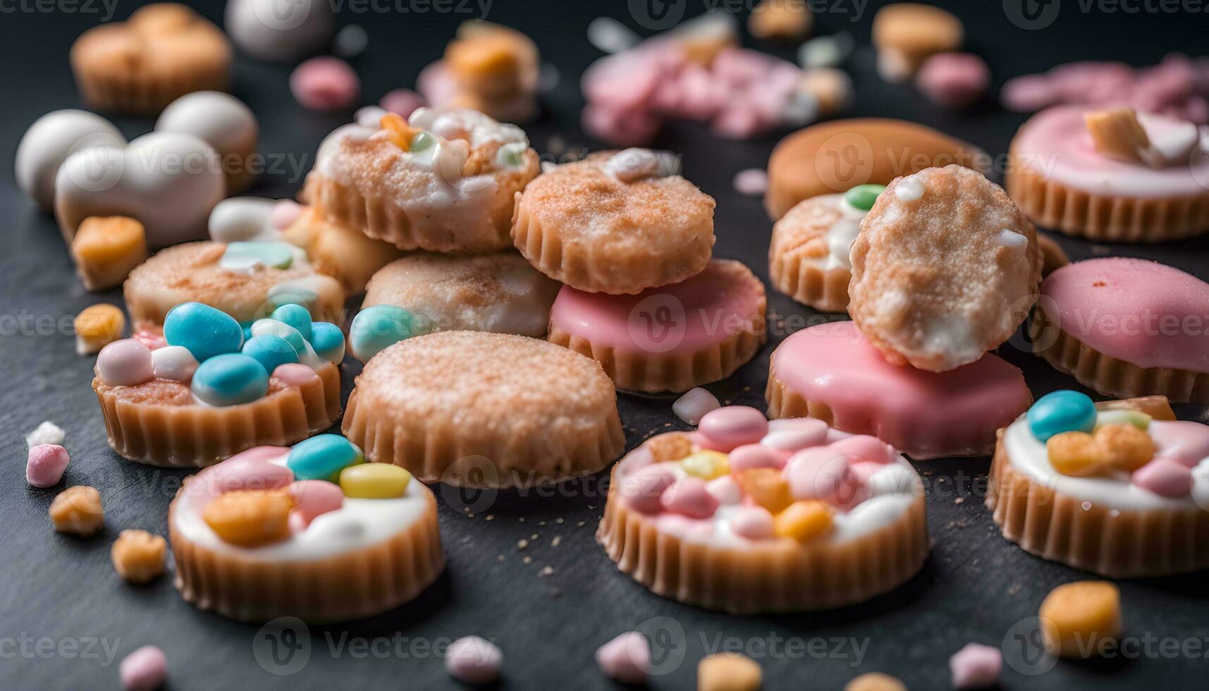 AI generated assorted sweets on a black background photo