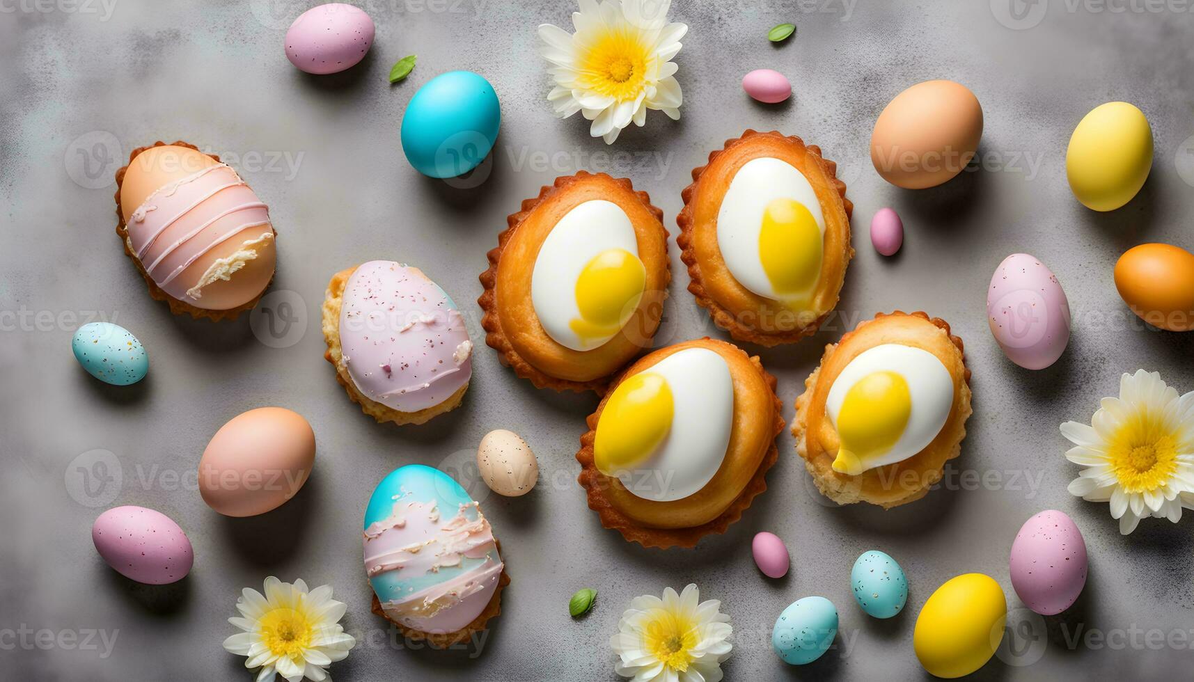 ai generado Pascua de Resurrección huevos y pasteles en un gris antecedentes foto