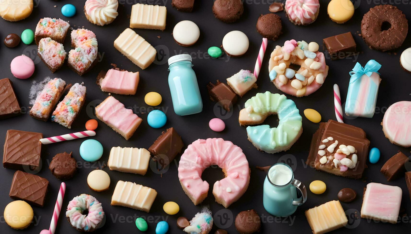 AI generated various types of sweets and desserts on a black background photo