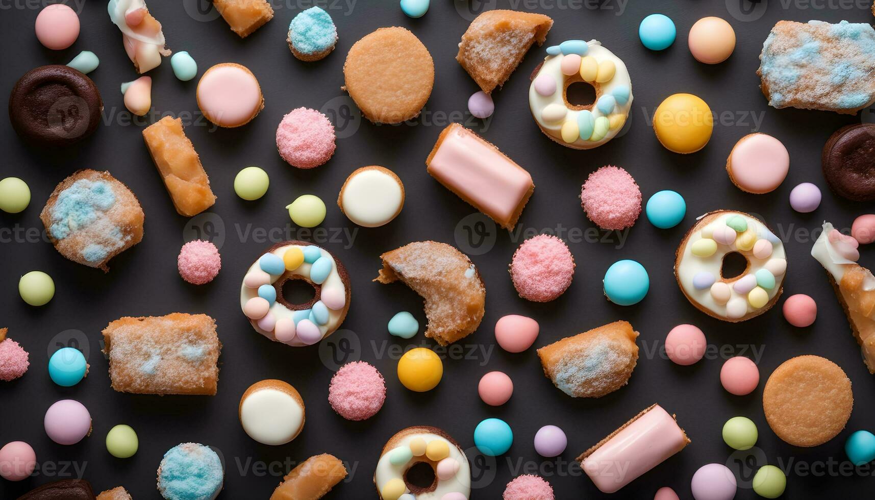 ai generado vistoso caramelo y rosquillas en un negro antecedentes foto