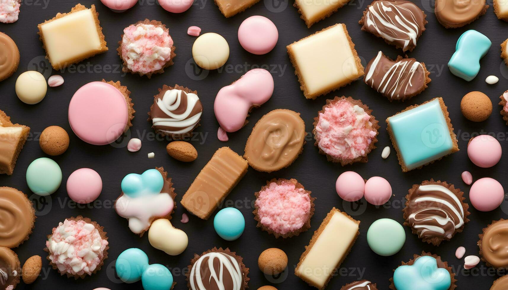 AI generated various types of chocolate and cookies on a black background photo
