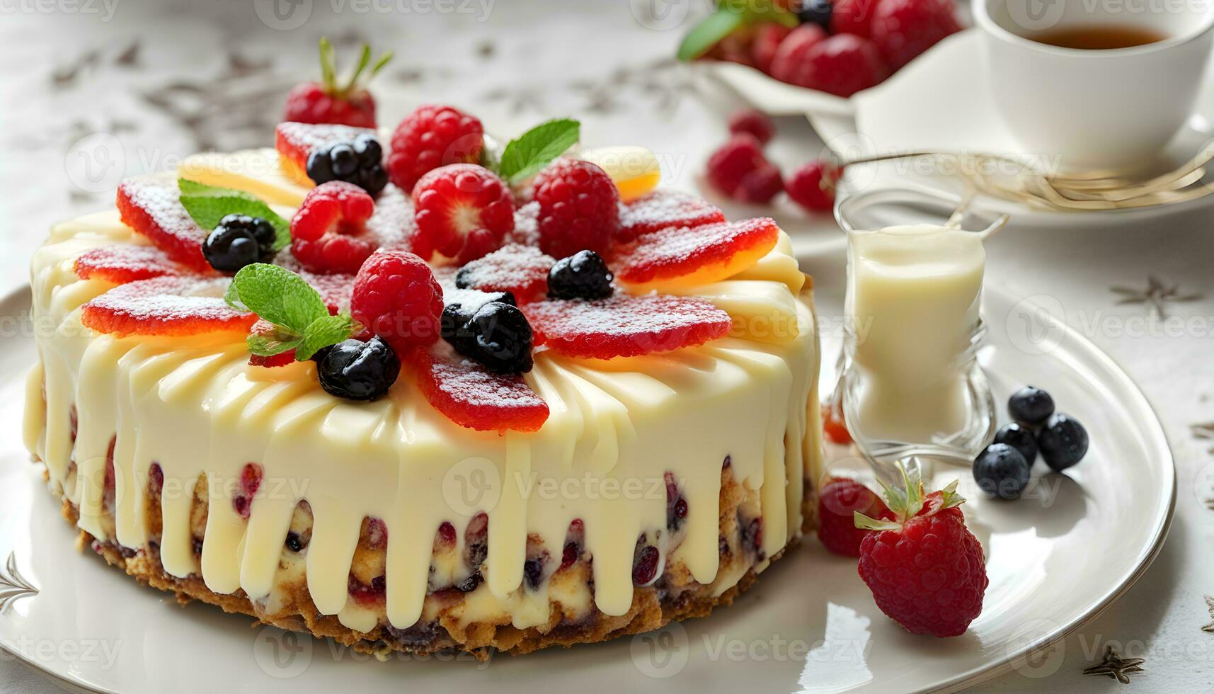 AI generated a cake with berries and cream on a white plate photo