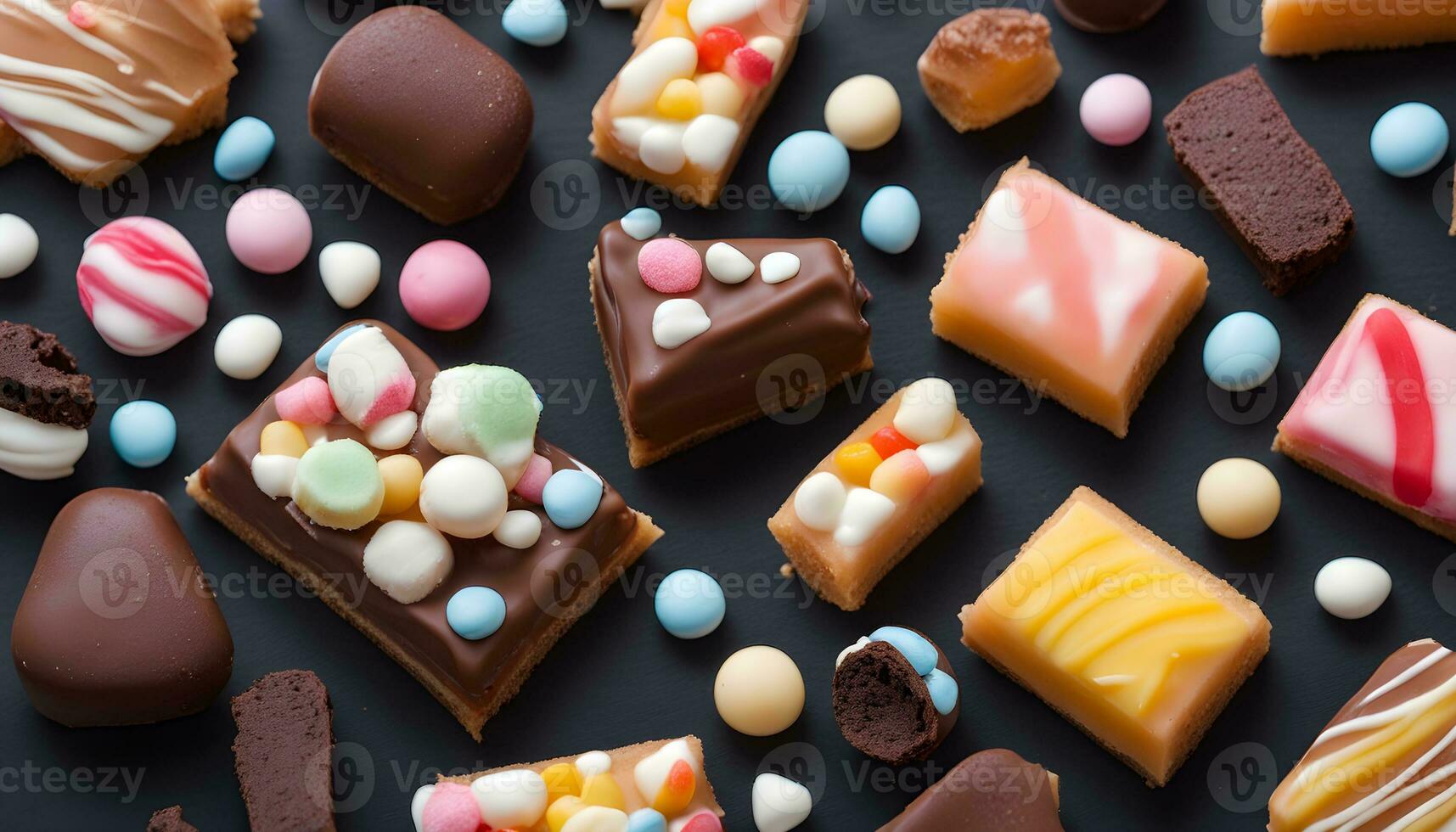 AI generated assorted chocolate and candy bars on a black background photo