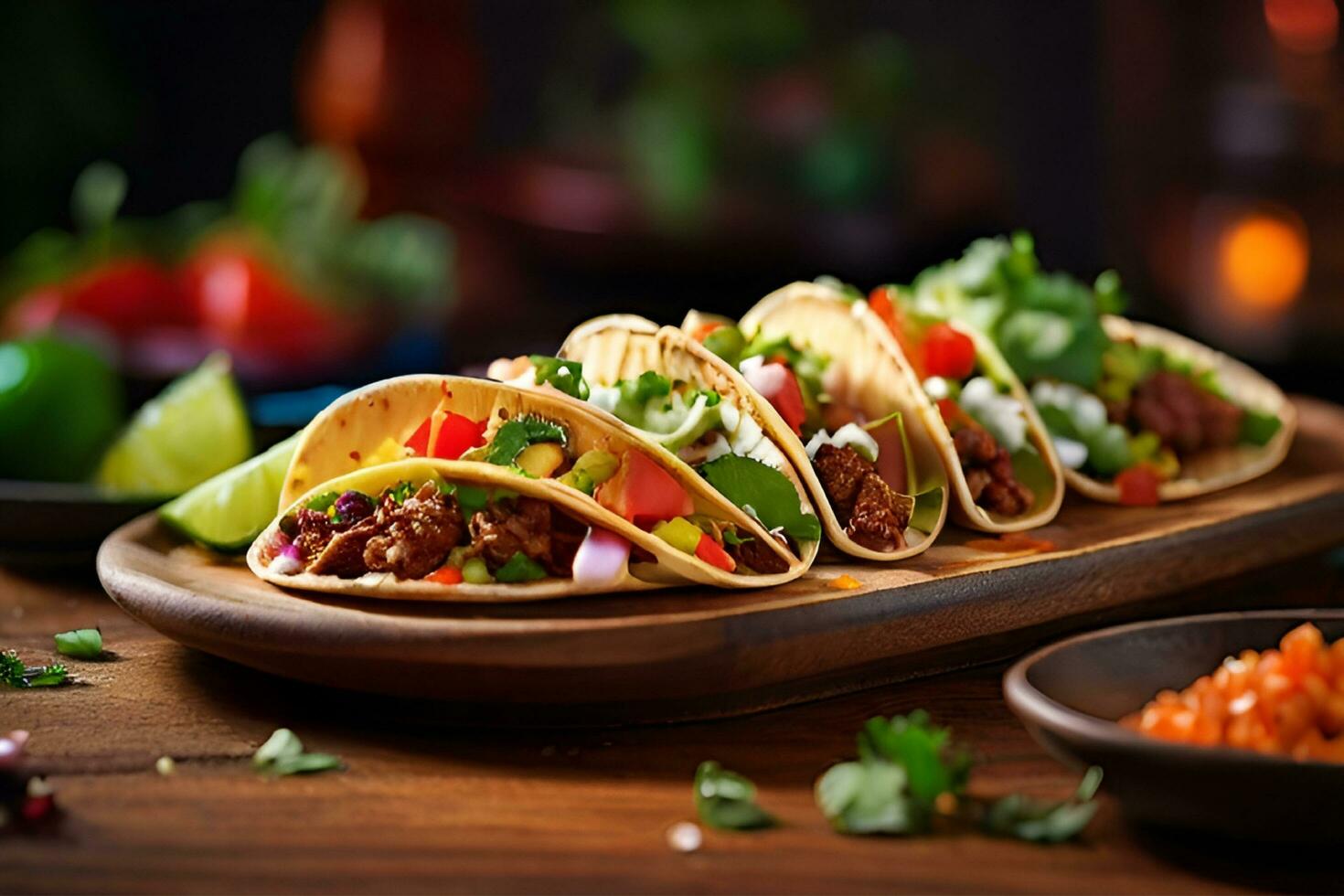 AI generated Realistic delicious tacos for display purposes photo