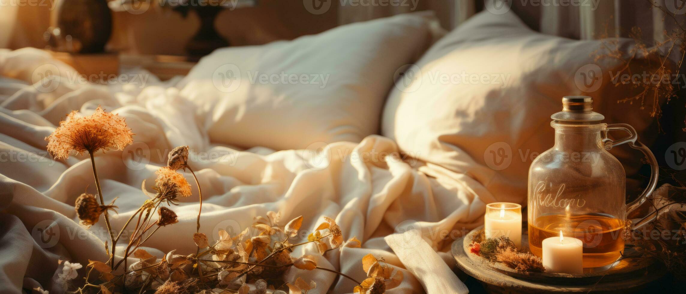 AI generated Cozy Bedtime Setting with Warm Flowers photo