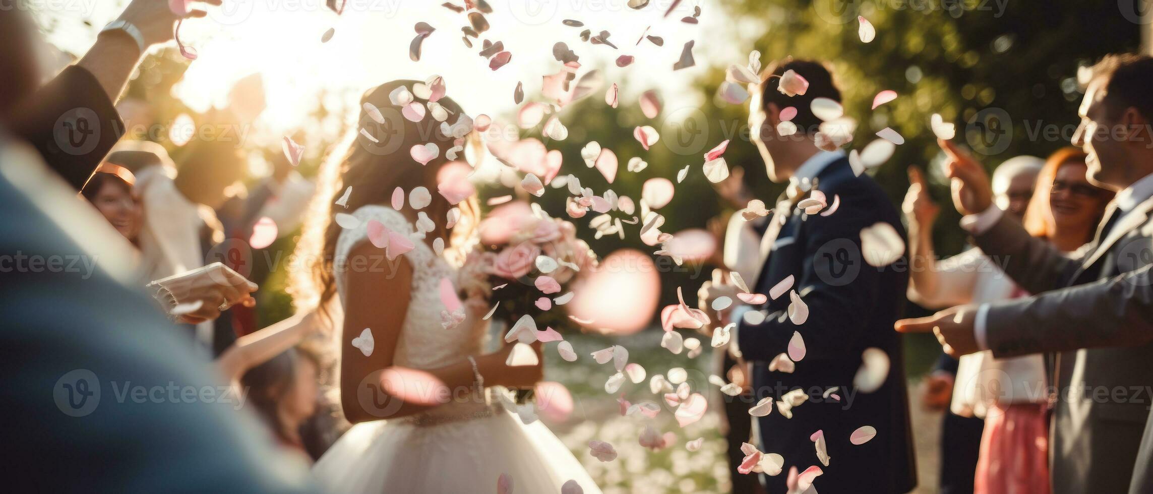 AI generated Joyous wedding scene with bride and groom, confetti rain. AI generative. photo