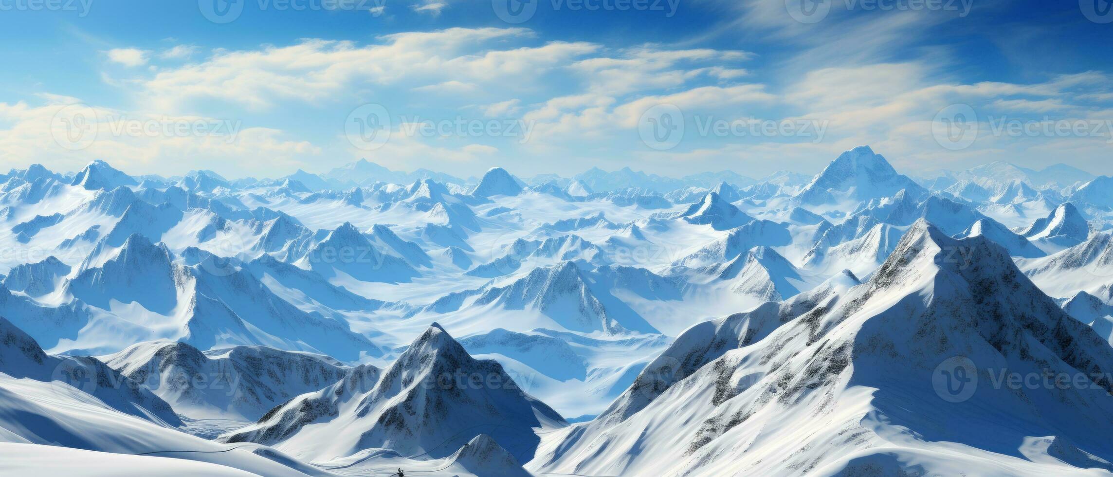AI generated Breathtaking view of white, snowy mountains under the sun, offering a perfect setting for a winter vacation or ski resort adventure. photo