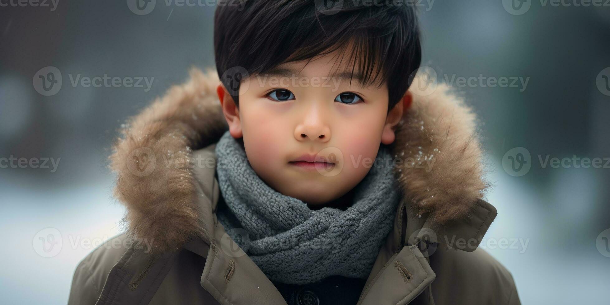 AI generated Close-up of a young Asian boy in winter attire. AI generative. photo