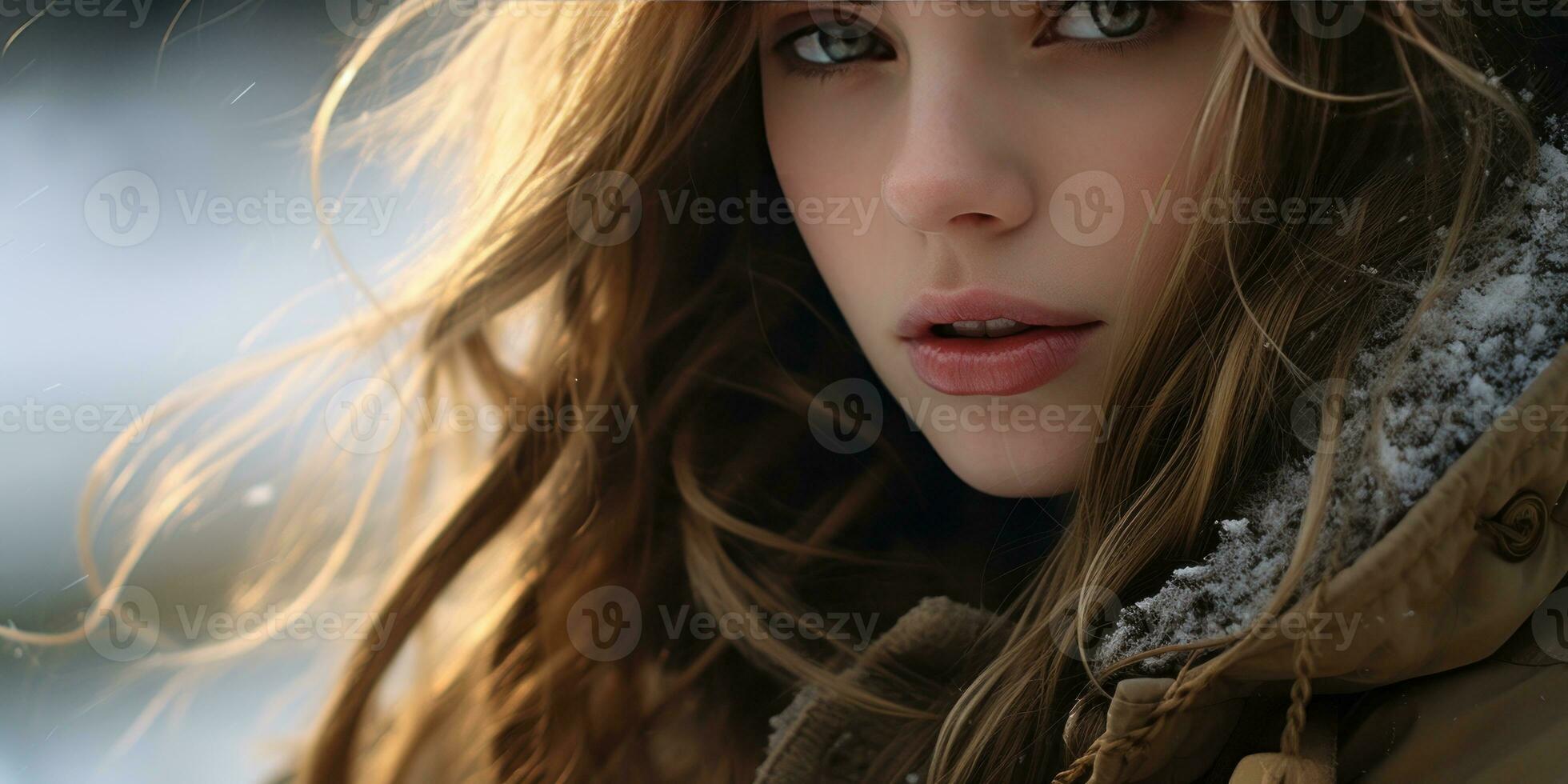 AI generated Close-up of woman in hooded coat, intense gaze, and detailed facial features. AI generative. photo