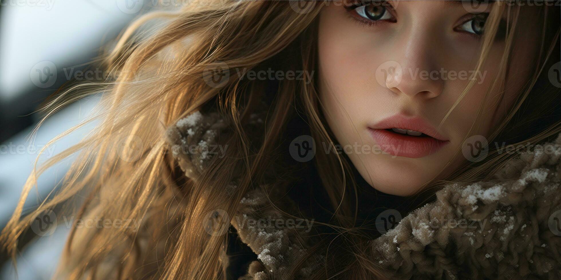 AI generated Close-up of woman in hooded coat, intense gaze, and detailed facial features. AI generative. photo