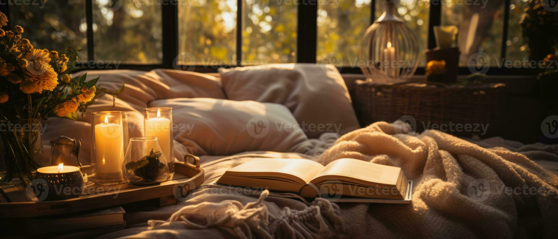 AI generated Cozy Reading Nook with Warm Lantern Light photo