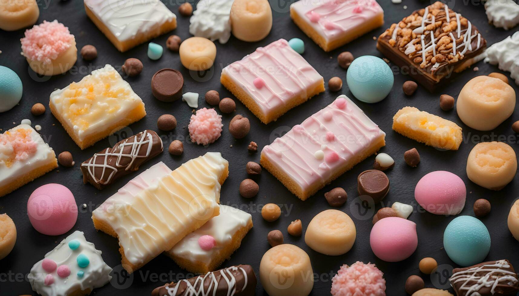 AI generated various types of candy and cookies on a black background photo