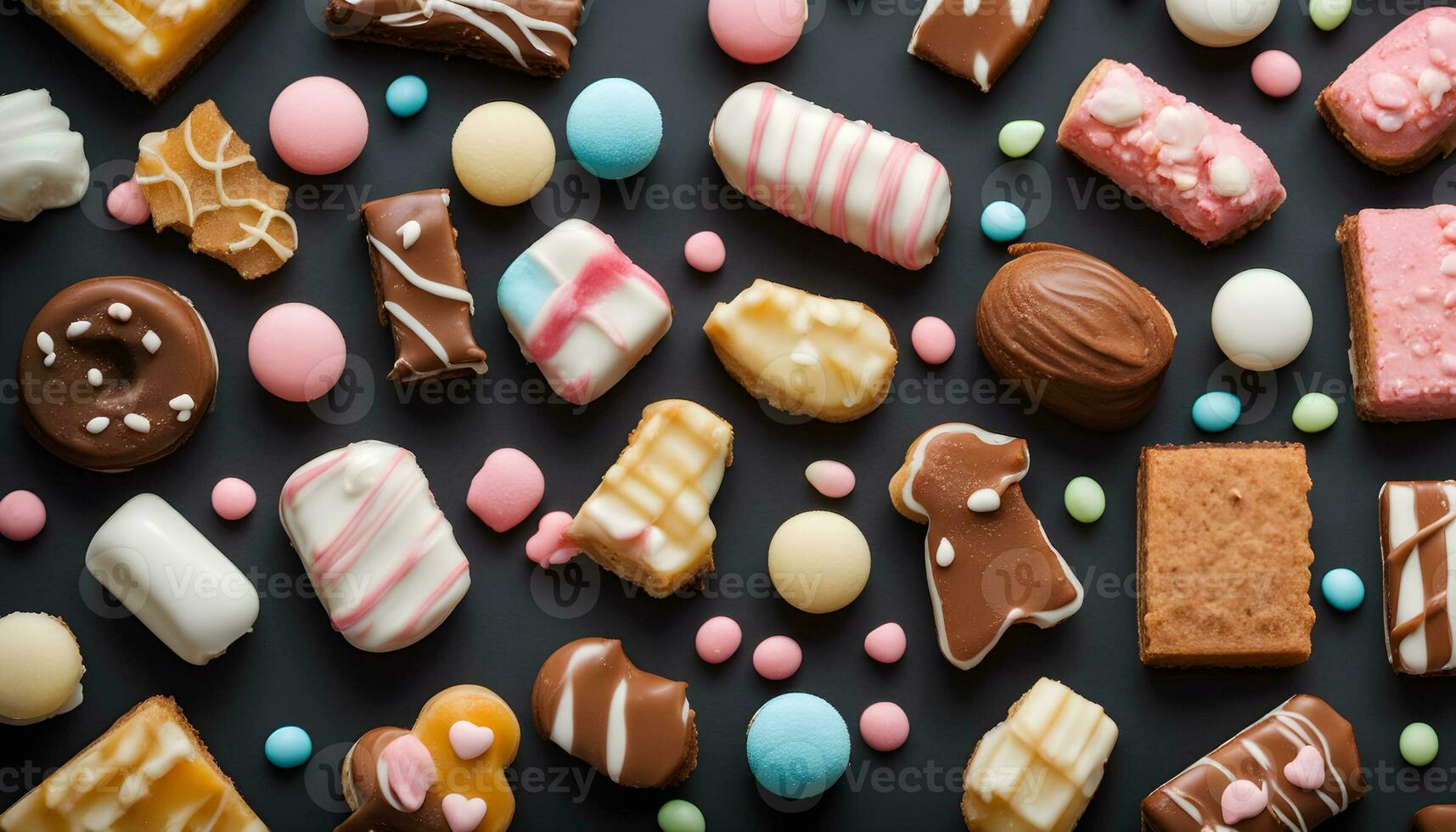 AI generated various types of chocolate and candy on a black background photo
