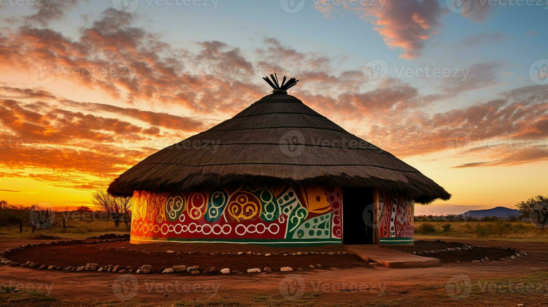 ai generado en el sereno noche sol, un magnífico vistoso tradicional étnico africano redondo choza de el ndbele tribu en un comunidad en sur África foto