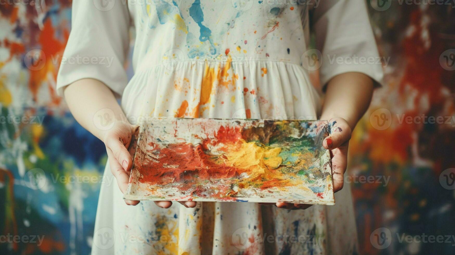 AI generated cropped image of a woman holding an abstract multicolored picture on a canvas in her hands while wearing a white blouse and a robe spotted with stains. Painting, creativity photo