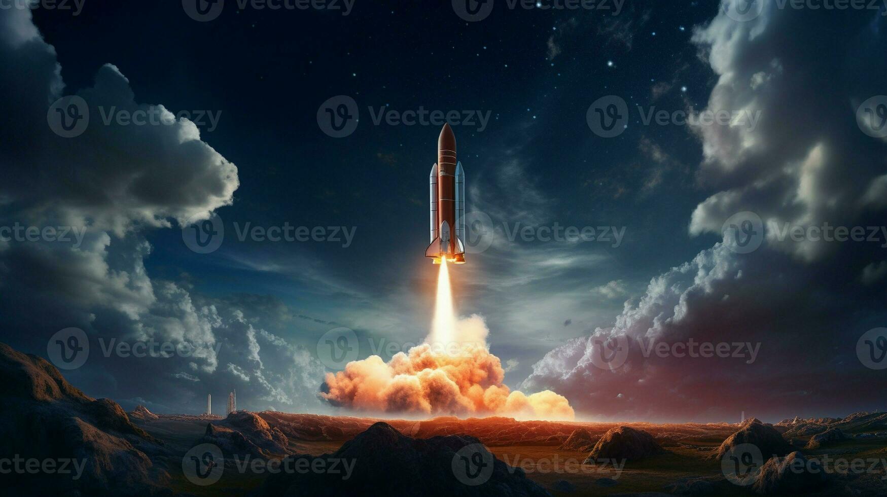 AI generated An interplanetary rocket is fired into the night sky photo