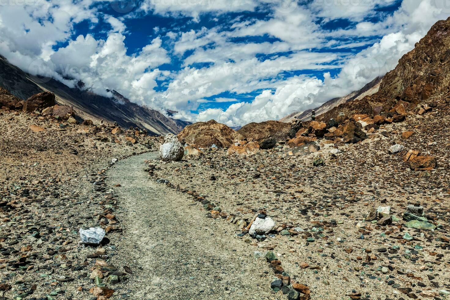 Foot path to sacred lake Lohat Tso in Himalayas. Nubra valley, Ladakh, India photo