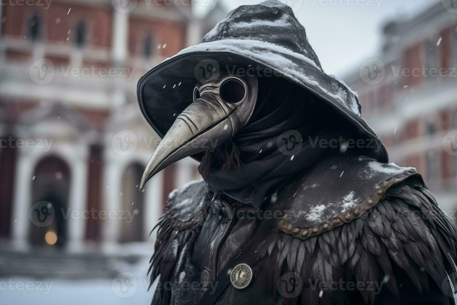 AI generated Mysterious Plague Doctor in Snowy Venice Carnival photo