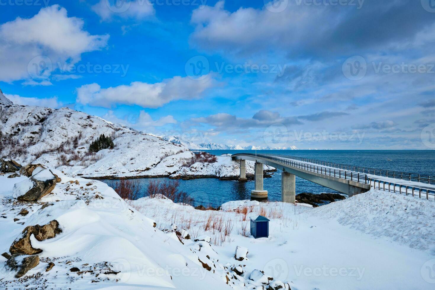 Djupfjord Bridge Djupfjordbrua in winter. Lofoten islands, Norway photo