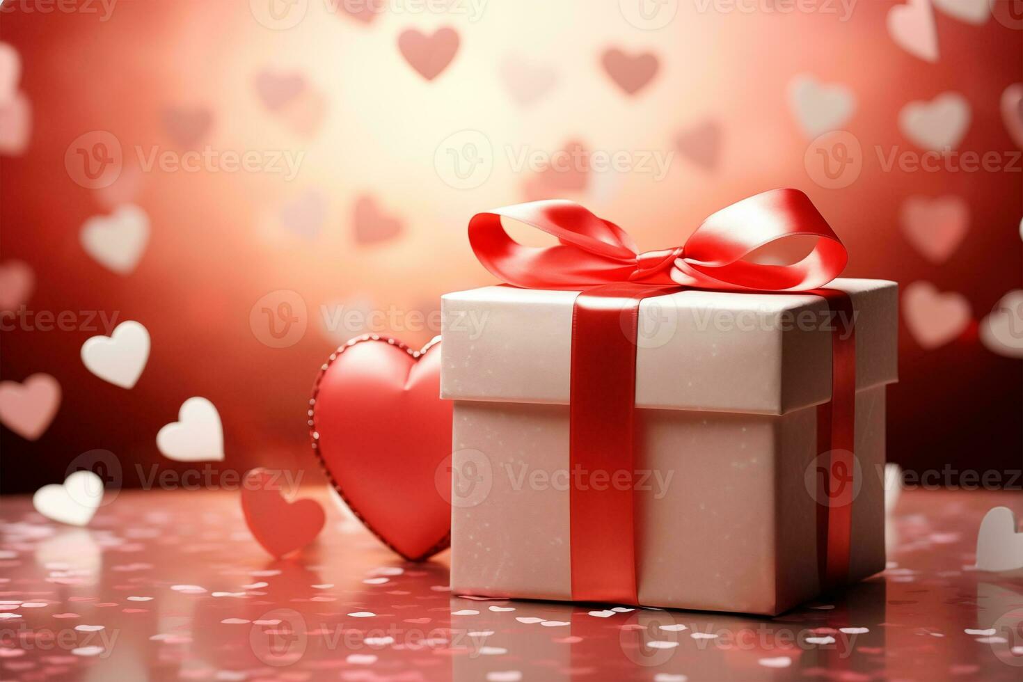 AI generated Valentine's Gift Red Box with Pink Ribbon Amidst Heart Confetti photo